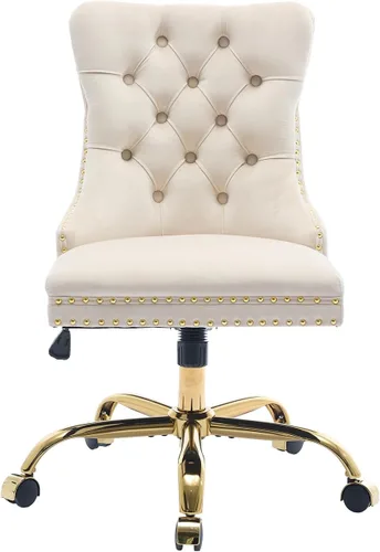 Vista 20 de Silla de escritorio de terciopelo gris con ruedas y base dorada, silla de oficina moderna giratoria cómoda, silla de tocador, silla de tarea, silla