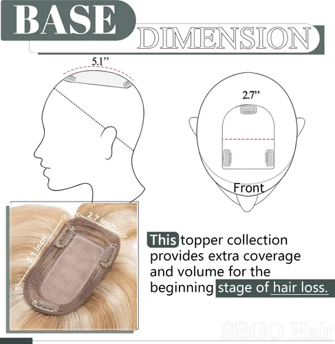 Vista 4 de SEGO Topes de cabello para mujeres de cabello humano real con cabello delgado, topes de cabello con clip frontal de 150% de densidad con base