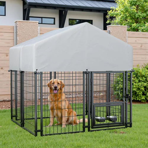 Vista 2 de Greesum - Perrera grande para exterior de perros, con valla de alambre soldado resistente de acero, con cerradura segura/cubierta de techo