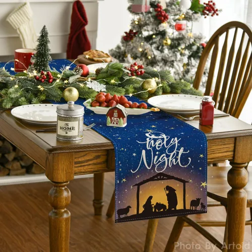 Vista 2 de Artoid Mode Camino de mesa navideño The Lord Blue Sky para invierno, noche santa de Cristo, cocina, comedor, decoración para exteriores y fiestas