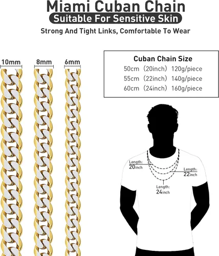 Vista 17 de YAMI Cadena de eslabones cubanos para hombre, azul/negro/oro de 14 quilates, acero inoxidable de 0.394-0.472 in de grosor, collar de cadena