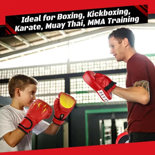 Vista 6 de Juego de guantes de boxeo 4 en 1 y guantes de boxeo para niños y niñas, guantes de boxeo para niños y niñas, almohadillas de enfoque con envolturas