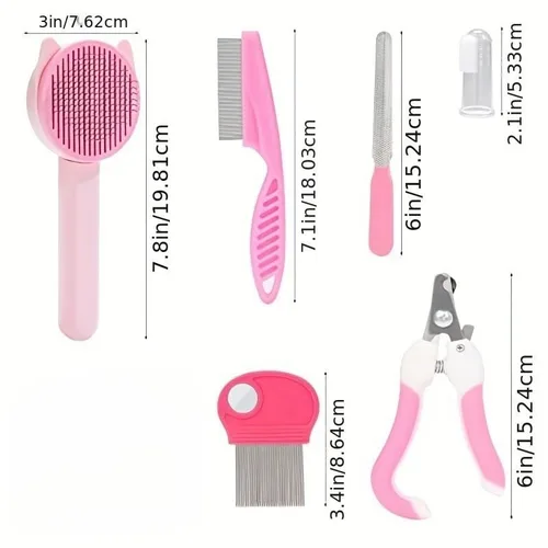 Vista 2 de 7-in-1 Cat Grooming Kit Self-Cleaning Slicker Brush Nail Clippers File Comb Toothbrush Set for Cats Small Dogs