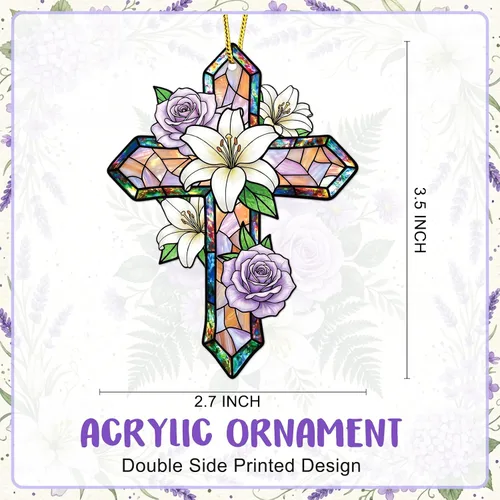 Vista 7 de WaaHome Adorno de cruz de Pascua para decoración de árbol, flor morada, decoración de Pascua, regalos religiosos para mujeres, hombres, niños