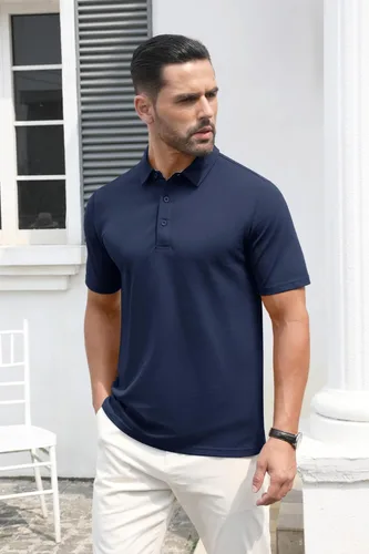 Vista 3 de MAGCOMSEN Camisas polo de manga corta para hombre, de algodón, piqué de 3 botones, ajuste clásico, informal, camisetas de golf