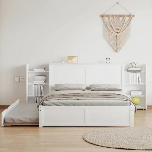 Vista 9 de DEINPPA Cama capitán completa con cabecera de almacenamiento, sofá cama matrimonial con cajones y armarios, marco de cama de plataforma de madera