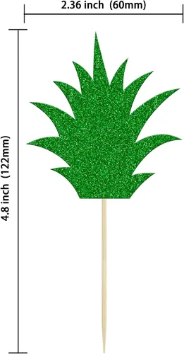 Vista 2 de 36 piezas de adornos para cupcakes de piña verde con purpurina verde para Luau despedida de soltera, fiesta de verano tropical, decoración