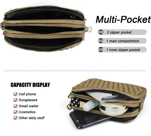 Vista 3 de Cartera cruzada pequeña con triple cremallera para mujer, bolsa cruzada acolchada con correa desmontable