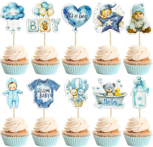 Vista 13 de Gyufise 32 Piezas Decoraciones para Cupcakes de Oso de Baby Shower Luna Oso Bebé Decoraciones de Pastel de Baby Shower Tema de Animales de la Selva