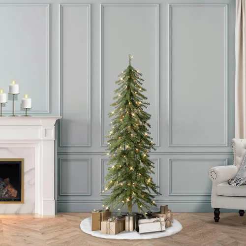 Vista 4 de Puleo International - Árbol de Navidad artificial preiluminado de 5 pies, tipo pino alpin, con 150 luces transparentes, 391 puntas de ramas densas