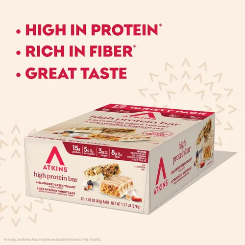 Vista 5 de Atkins Barrita de yogur griego de arándanos y fresas con alto contenido de proteínas, alta fibra, apta para dieta cetogénica, 12