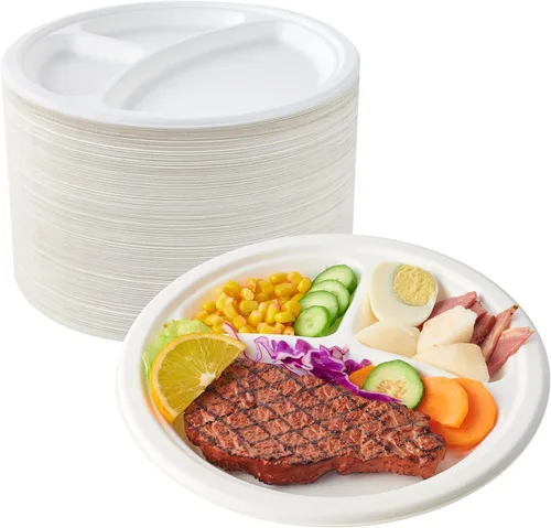 Vista 8 de ECOLipak Paquete de 125 Platos Compostables de 3 Compartimentos, Platos de Papel Desechables de 8.85 Pulgadas de Alta Resistencia, Plato Dividido