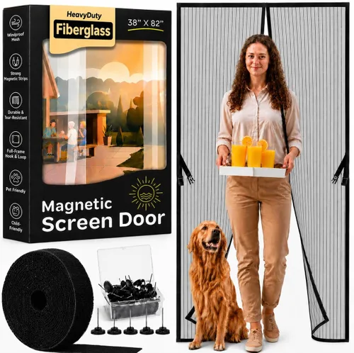 Vista 22 de Puerta mosquitera magnética manos libres, resistente, protector de malla de puerta de mosquitero autosellado, apto para mascotas y niños, hebilla