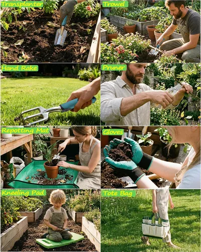 Vista 5 de Juego de 8 herramientas de jardinería resistentes con bolsa de mano, herramientas manuales de jardinería de aluminio a prueba de óxido con agarres