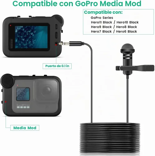 Vista 2 de weishan Media Mod Mic para GoPro HERO11 10 9 Black Action Camera, Micrófono de solapa Lavalier Clip-on Videomic Compatible con GoPro Pro Adaptador