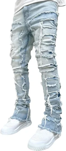 Vista 4 de Jeans apilados para hombre, pantalones de mezclilla rectos desgastados desgastados, ajustados sólidos rasgados, pantalones cargo Harajuku