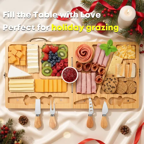 Vista 6 de UTCG Regalos de Tabla de Charcutería para Mujeres: Tabla de Queso Plegable de Bambú con Juego de Cuchillos - Regalo Único de Intercambio de Regalos