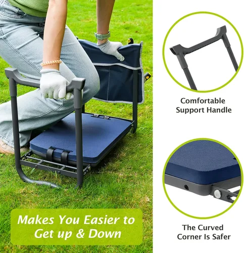 Vista 4 de ikkle Taburete de jardín y asiento de jardinería, banco de jardinería plegable con almohadilla de rodillas desmontable más gruesa y bolsas