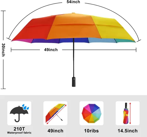 Vista 3 de Lejorain Paraguas grande de golf resistente al viento, 54 pulgadas, doble capa, arco iris, 10 varillas, paraguas plegable de viaje, compacto, cierre