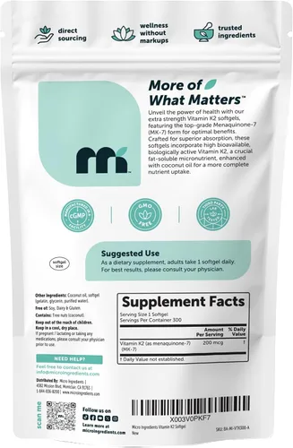Vista 7 de Micro Ingredients Vitamina K2 MK-7 200 mcg por porción, 300 cápsulas blandas de aceite de coco Suplemento de vitamina K2 con aceite de coco Sin