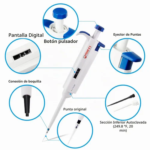 Vista 2 de FOUR E'S SCIENTIFIC Pipeteta de un solo canal, micropipeta de volumen variable ajustable de alta precisión para laboratorio (0.1-2.5 uL)