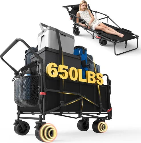Vista 13 de LEVELEVE Vagón Plegable de Servicio Pesado - Carrito Plegable 2 en 1, Capacidad de 400 libras, Ruedas Todo Terreno con Frenos y Bolsillos Laterales