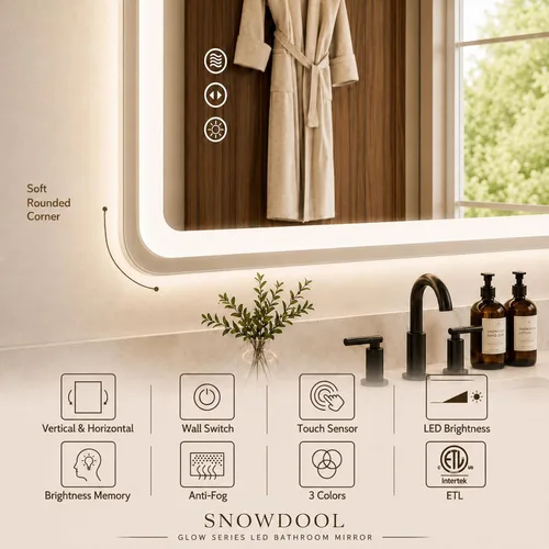 Vista 6 de Snowdool - Espejo LED para baño de 40 x 32 pulgadas con 8 luces RGB retroiluminadas + 3 luces frontales (ajustables individualmente), espejo de 3