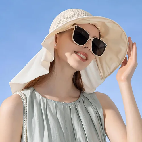 Vista 2 de Sombreros de sol de ala ancha para mujer con cubierta de cuello chal transpirable protección UV verano playa pesca gorra