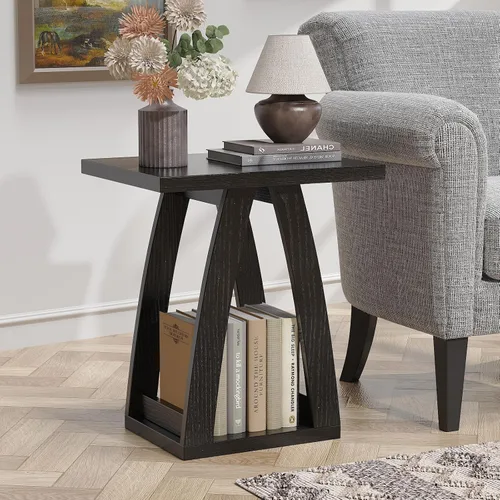 Vista 9 de FROMJBEST - Mesa auxiliar con estación de carga; mesa de lado con puertos USB y tomas de corriente; mesa de noche de sofá de 3 niveles para espacios