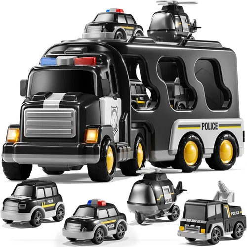 Vista 10 de Juego de Juguetes de Ambulancia para Niños Pequeños de 1-3 y 3-5 años, Juego de Camión Transportador con Coches de Juguete, Luz y Sonido, Juguetes