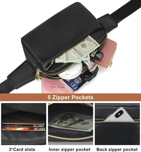 Vista 4 de Cangurera para hombres y mujeres, cangurera de cuero con estilo cruzado, bolsa pequeña de diseñador, Negro2, Riñonera de cuero para hombre y mujer
