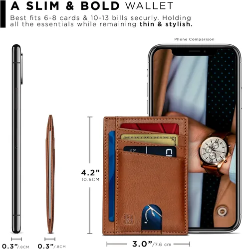 Vista 4 de SERMAN BRANDS RFID Blocking Slim Minimalist Mens Front Pocket Wallet. Thin Card Holder. Full Grain Leather Wallets for Men