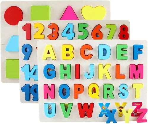 Vista 2 de QZMTOY Rompecabezas de madera para niños pequeños, rompecabezas de madera con números, letras y formas para niños pequeños, rompecabezas
