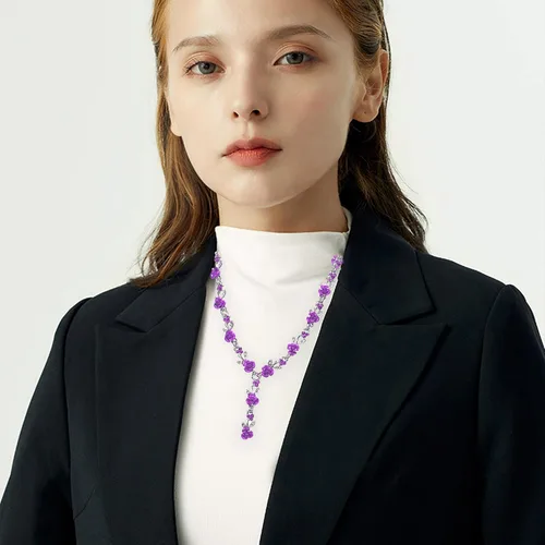 Vista 8 de Aishgjia Collar largo de oro para mujeres y niñas, colgante de rosa de oro, joyería de flores, juego de aretes colgantes para fiesta de cumpleaños