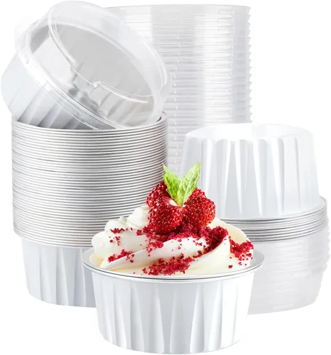 Vista 26 de EUSOAR Tazas de aluminio para hornear, paquete de 30 tazas de 5 onzas para cupcakes con tapas, moldes de pastel de 4.2 fl oz, flanes de postres