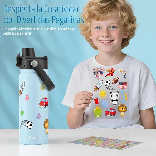 Vista 6 de baab Botella de Agua para Niños de 18 oz, Botella de Agua Aislada para Niños con Tapa de Boquilla Bloqueable y Calcomanías, Taza de Agua para Niños