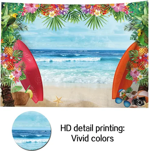 Vista 2 de HQM Fondo de fotos con temática de playa tropical de verano, 5 x 3 pies, tela para conchas de playa, Hawaii, flor de mar azul, para niños