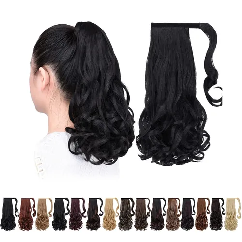 Vista 24 de Extensiones de cola de caballo negras, colas de caballo rizadas con clip, 22 pulgadas, 3.5 onzas, extensión de cabello sintético envolvente del pelo