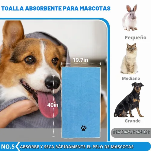 Vista 6 de Kit de Aseo para Baño con Cepillo de Pelo, Toalla y Guantes de Limpieza - Cepillo Slicker 6-en-1 para Perros y Gatos que Sueltan Pelo, Azul
