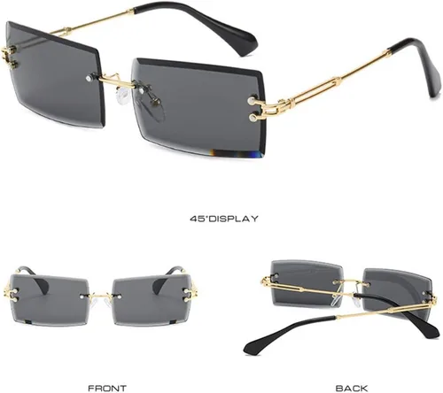 Vista 4 de LASPOR Gafas de sol rectangulares sin montura retro para mujeres y hombres, lentes teñidas de metal dorado, sin marco, gafas cuadradas vintage