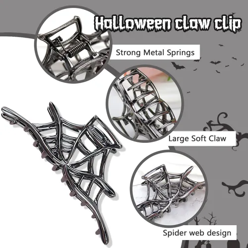 Vista 2 de BELSITA Pinza para el pelo de Halloween, tela de araña negra de metal, pinza antideslizante para el cabello, 1 unidad, para mujeres y niñas, diseño