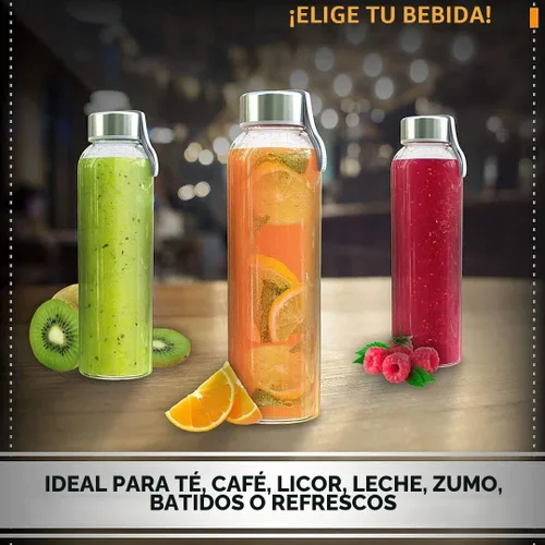 Vista 4 de Botella de agua de vidrio estrella del chef 6 botellas de 18 onzas de paquete para la bebida y Juicer Utilice tapas de acero inoxidable con bucle