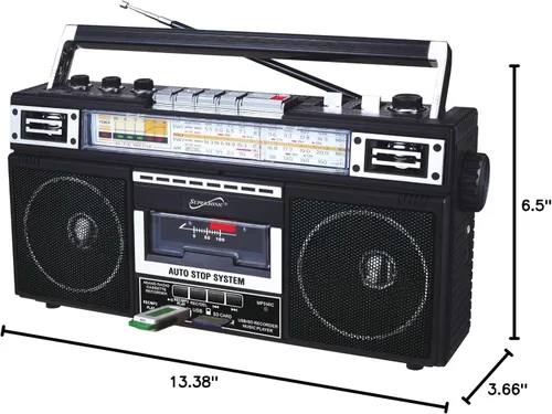 Vista 5 de Supersonic SC-3201BT - Boombox de radio de 4 bandas y reproductor de cassette, altavoz Bluetooth, radio AM/FM/SW con reproducción de MP3, tarjeta