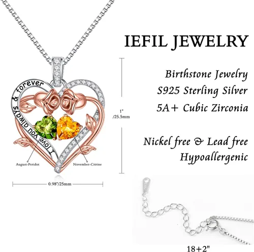 Vista 5 de Iefil Rose Heart Double Birthstone Necklace Gifts for Wife Girlfriend Her Women, Birthstone Jewelry Gemstone Birthday Gifts for Mom Grandma Her Wife
