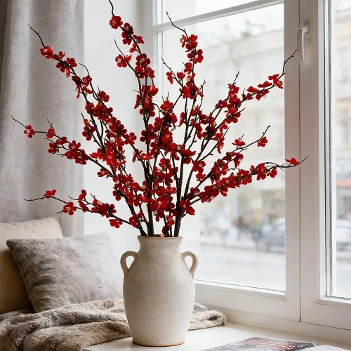 Vista 10 de LESING 4 tallos artificiales de flor de cerezo de 41.4 pulgadas, tallos largos realistas de seda falsa, ramas de flores artificiales para mesa