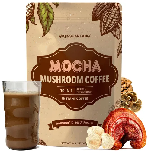 Vista 8 de Café de hongos con cacao en polvo, mezcla de café instantáneo de hongos moca Suplemento de 10 hongos, coco y MCT, apoya la concentración