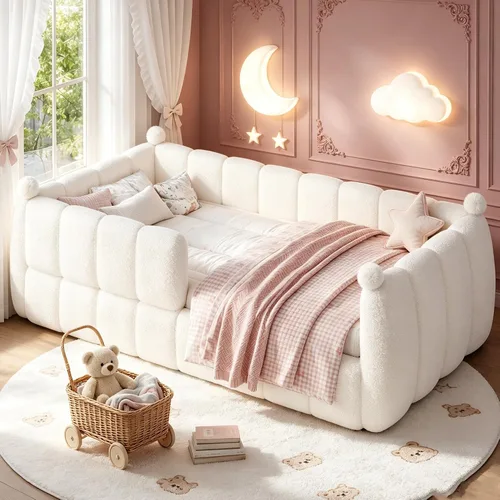 Vista 4 de Bellemave Cama Montessori tapizada de tamaño individual con valla, color Peluche beige