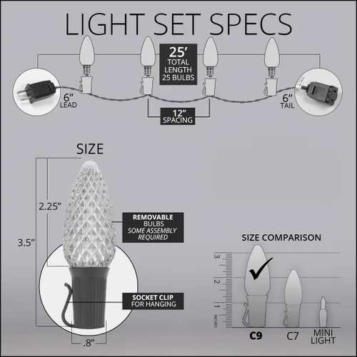 Vista 4 de Wintergreen Lighting 25 C9 OptiCore - Luces LED de Navidad para exteriores de alta resistencia, tira de luces de Navidad comerciales; cable verde