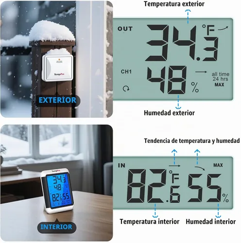 Vista 6 de ThermoPro TP65 Termómetro de Interior y Exterior, Higrómetro Digital Inalámbrico, Monitor de Humedad de Temperatura con Pantalla Táctil Jumbo