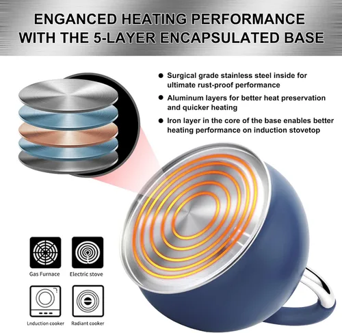 Vista 5 de Tetera silbante para estufa, tetera de acero inoxidable con mango ergonómico de silicona, tetera para estufa, 3.2 cuartos de galón / 3 litros, azul